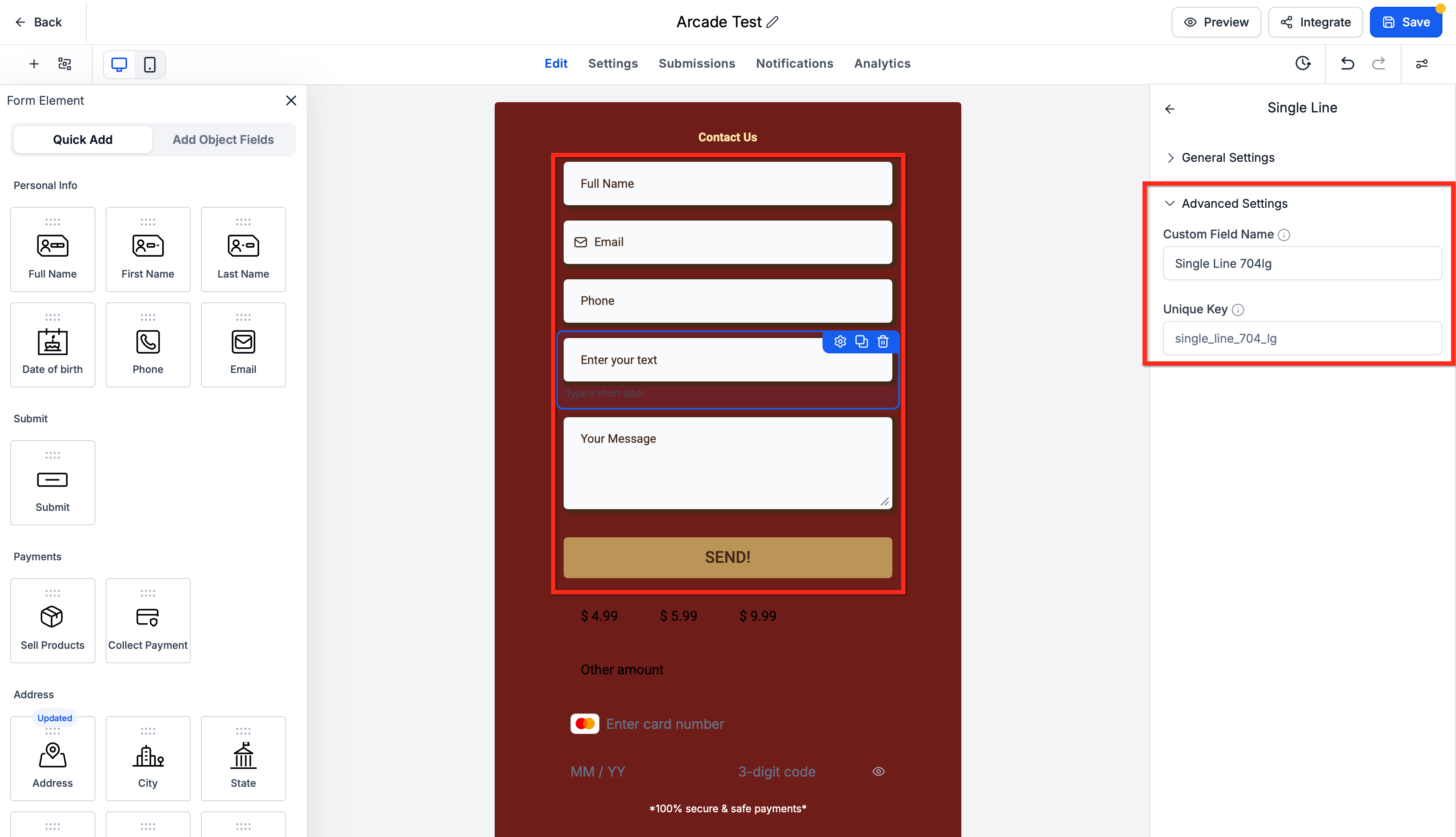 Form builder with contact fields and the field settings panel