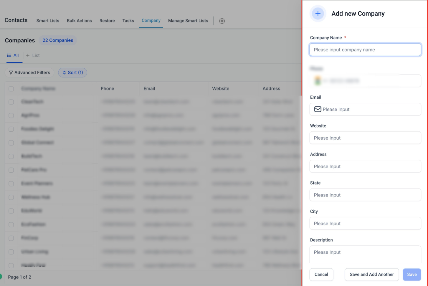 Add company panel next to the company list